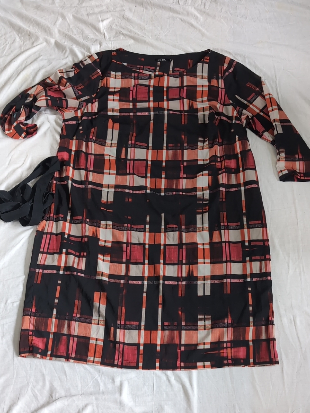 Women's Black Multicolor Plaid 3/4 Sleeve Dress